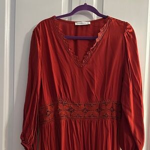 Women's Long Sleeve Dress in Red with Lace neckline and details